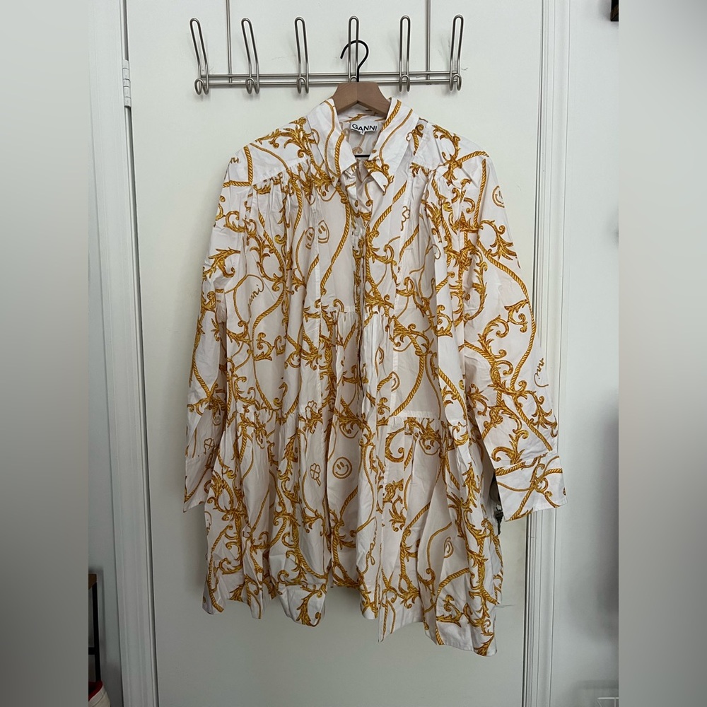 Ganni Printed Cotton Poplin Gathered Panel Wide Mini Shirt Dress Rope Print